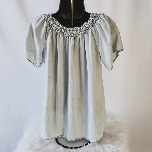 Michael Stars Chambray Blue Raglan Short Sleeve Round Neck Linen Top Size M - Picture 2 of 8